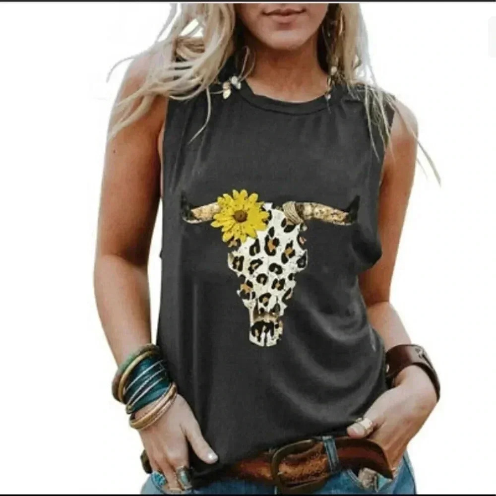🆕Sunflower Leopard Steer Skull Tank S🆕